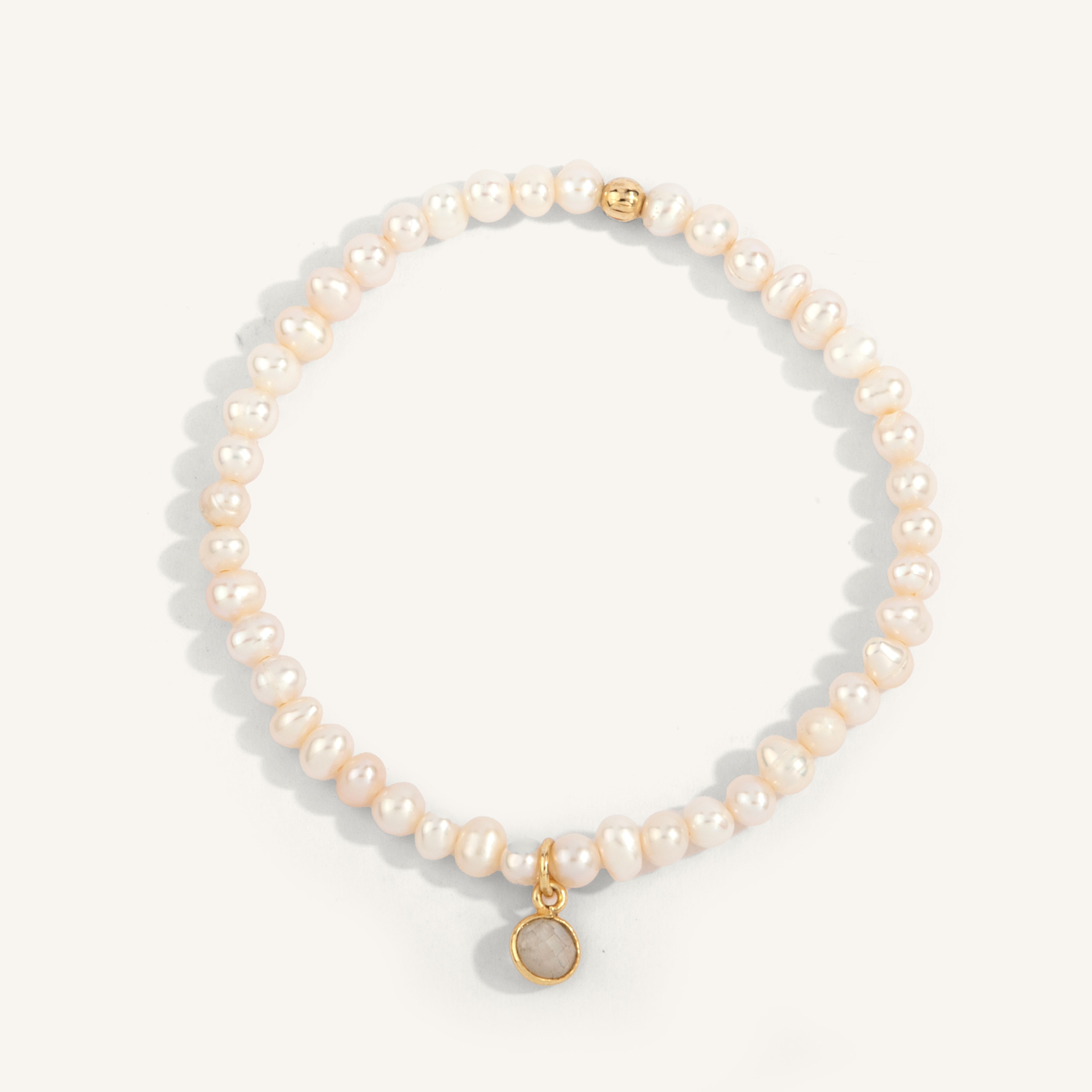 Pearl with Gold Plated Moonstone Bezel Charm Shine Bright Remix Bead Bracelet - 4MM