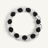 Matte Black Agate & Silver Skulls Mens Bead Bracelet - 10MM 