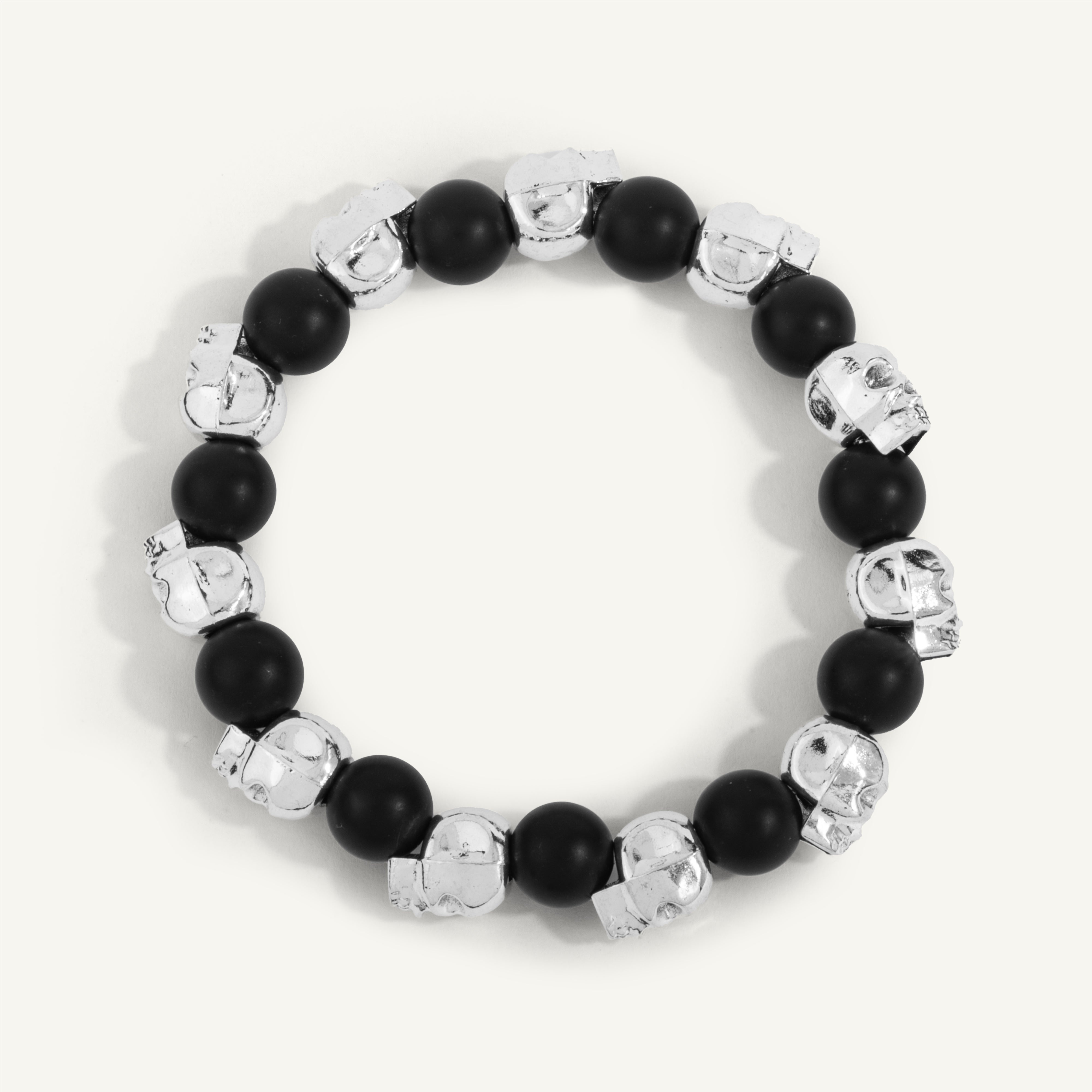 Matte Black Agate & Silver Skulls Mens Bead Bracelet - 10MM 